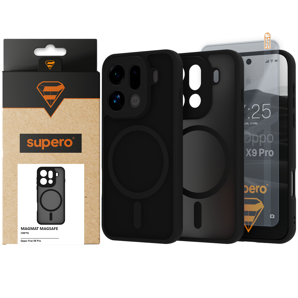 Na obrazie widoczne jest czarne etui na telefon z okrągłym wzorem, obok którego znajduje się opakowanie z logo \'supero\'. Na ekranie telefonu widoczny jest tekst \'Oppo Find X9 Pro\'.