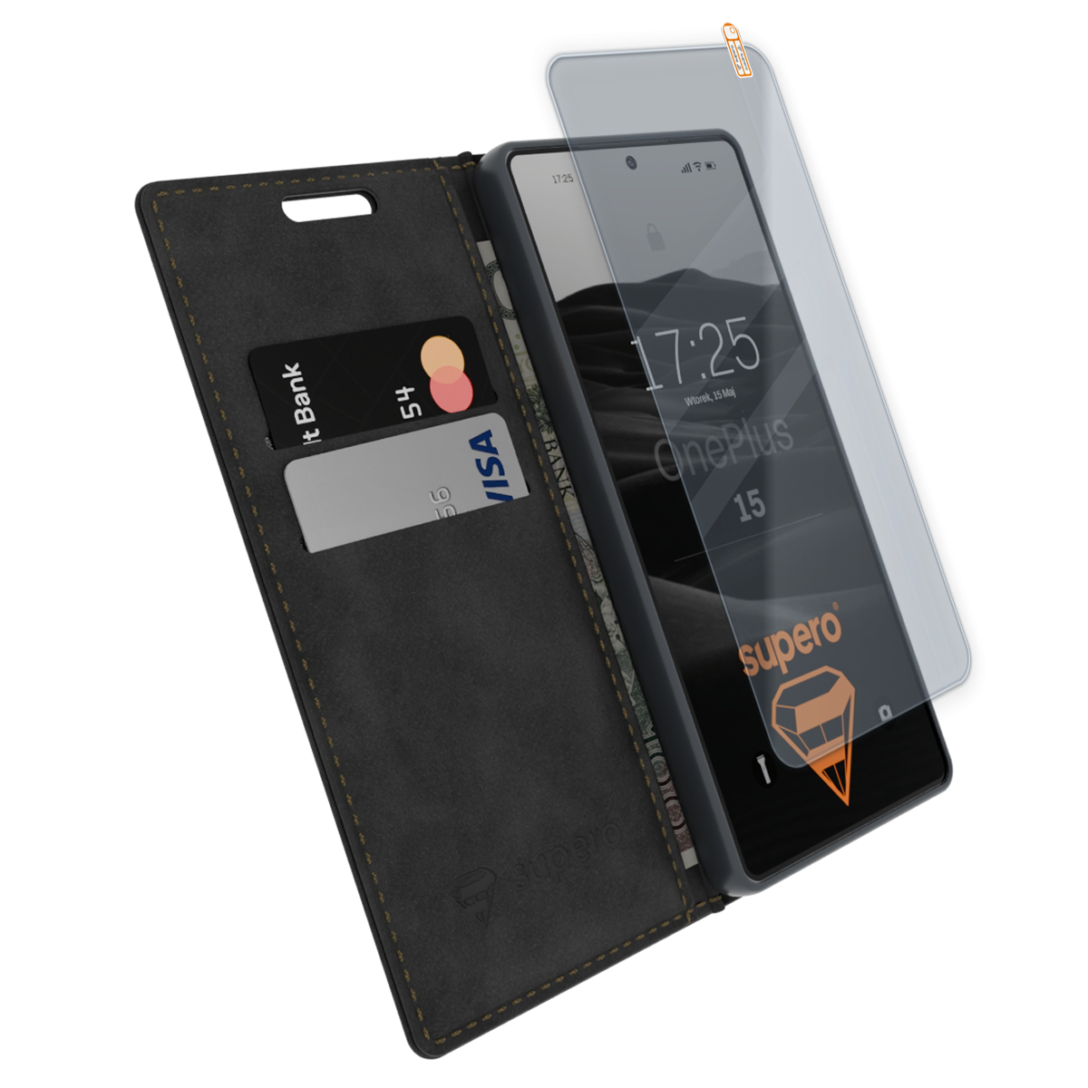 Skórzane etui z klapką na telefon, z miejscem na karty płatnicze i szkłem ochronnym na ekranie. Na ekranie telefonu widoczny jest napis \'OnePlus 15\' oraz logo \'supero\'.