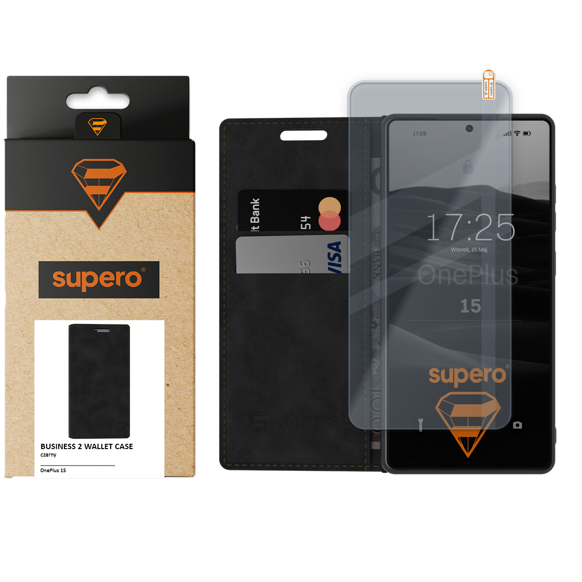 Na obrazie widoczne jest skórzane etui do telefonu z klapką, zamykane na magnes, z miejscem na karty płatnicze. Obok znajduje się opakowanie z logo \'supero\' i napisem \'BUSINESS 2 WALLET CASE\'.