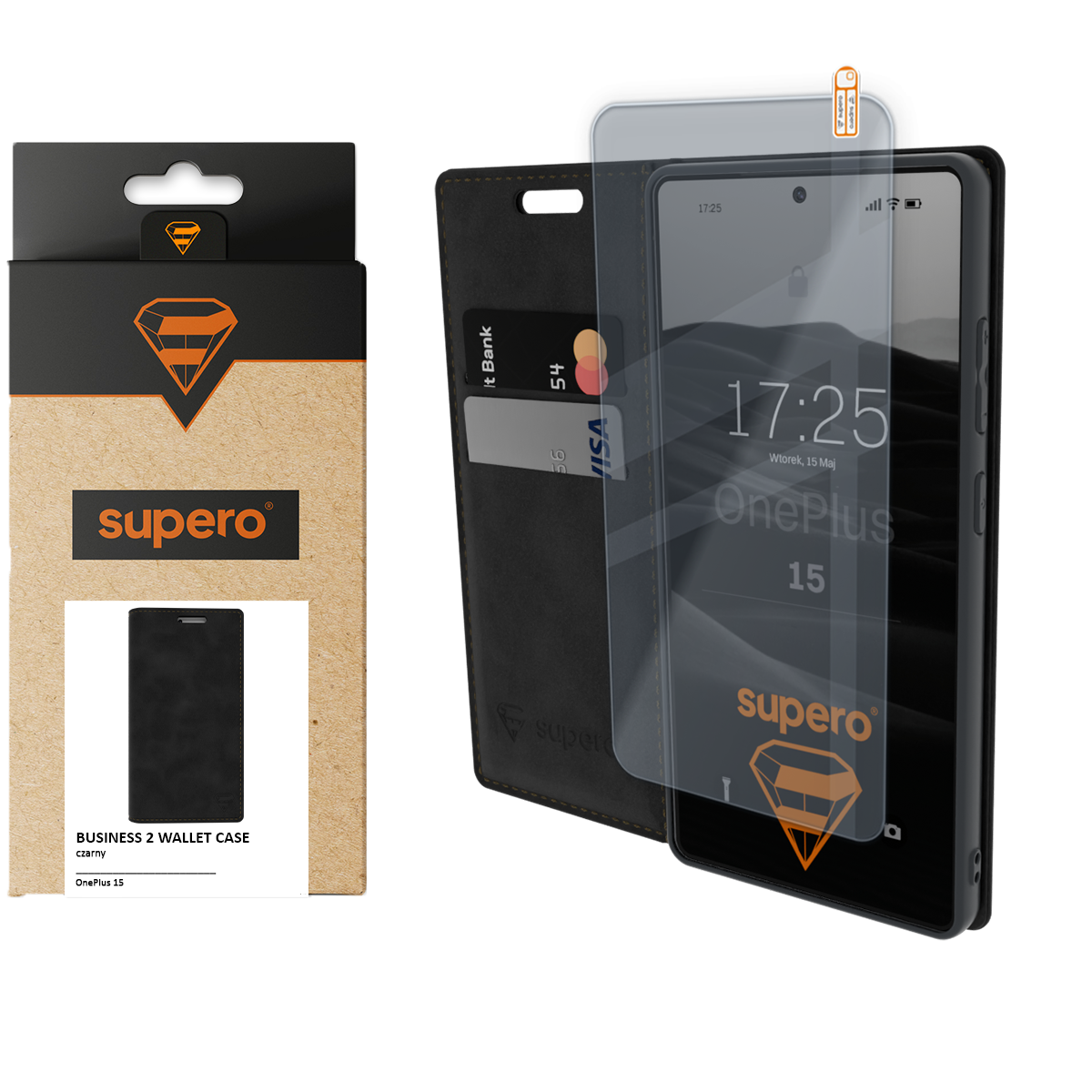 Obraz przedstawia skórzane etui do telefonu OnePlus 15 z klapką, zamykane na magnes, z miejscem na karty oraz szkłem ochronnym. Na opakowaniu i etui widoczne jest logo \'supero\'.