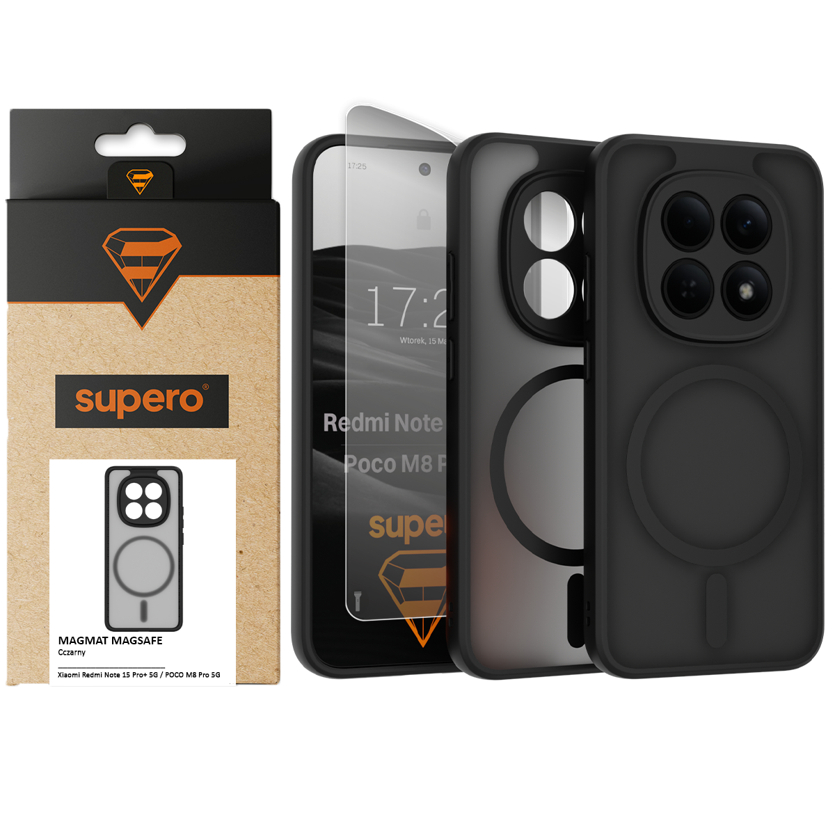 Na obrazie widoczne jest czarne etui z okrągłym wycięciem oraz opakowanie z logo \'supero\'. Na ekranie telefonu widoczny jest tekst: \'Redmi Note 15 Pro+ 5G / Poco M8 Pro 5G\'.