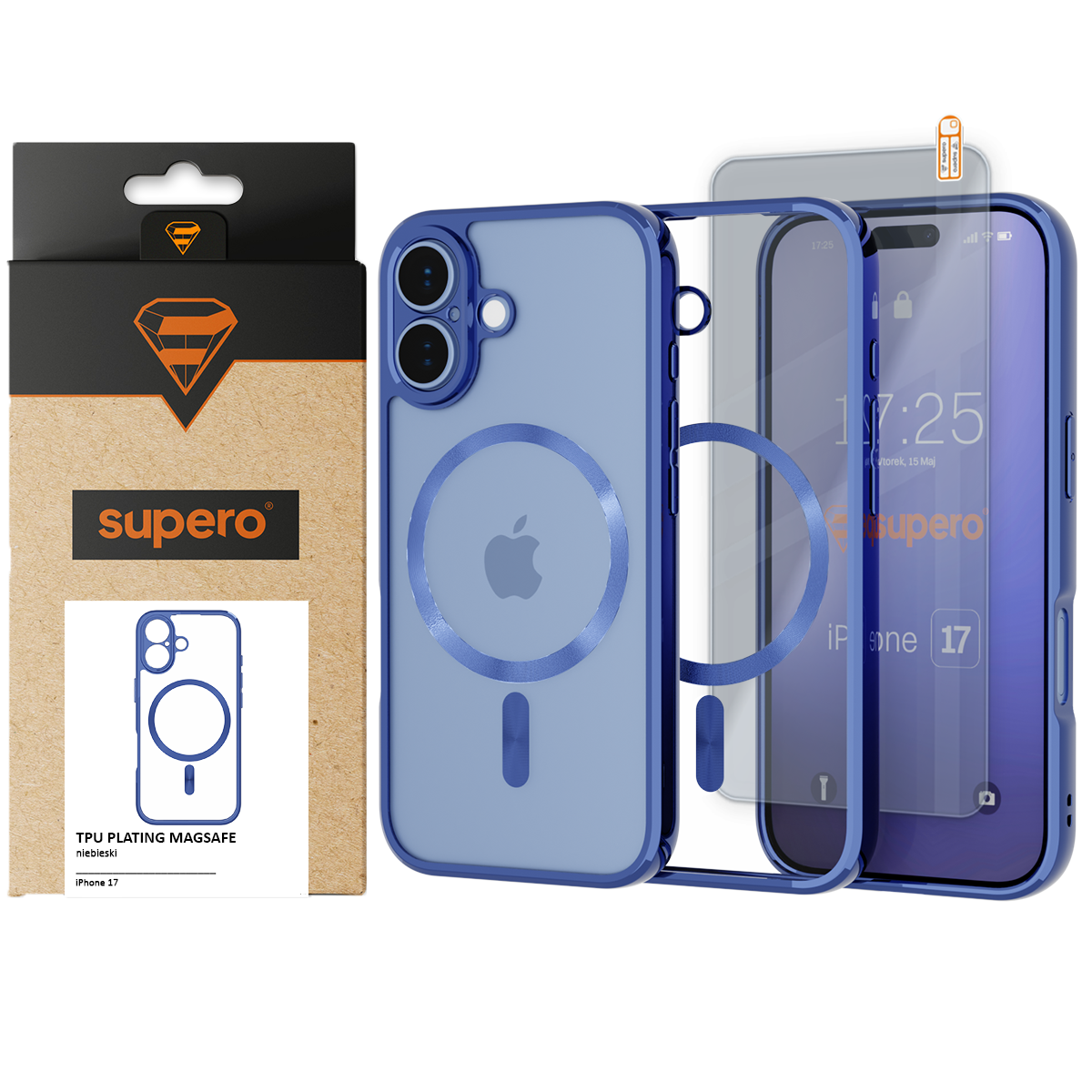 Na obrazie widoczne jest niebieskie etui do iPhone 17 z funkcją MagSafe oraz opakowanie z logo \'supero\'. Etui ma przezroczystą część z widocznym symbolem Apple i okręgiem MagSafe.