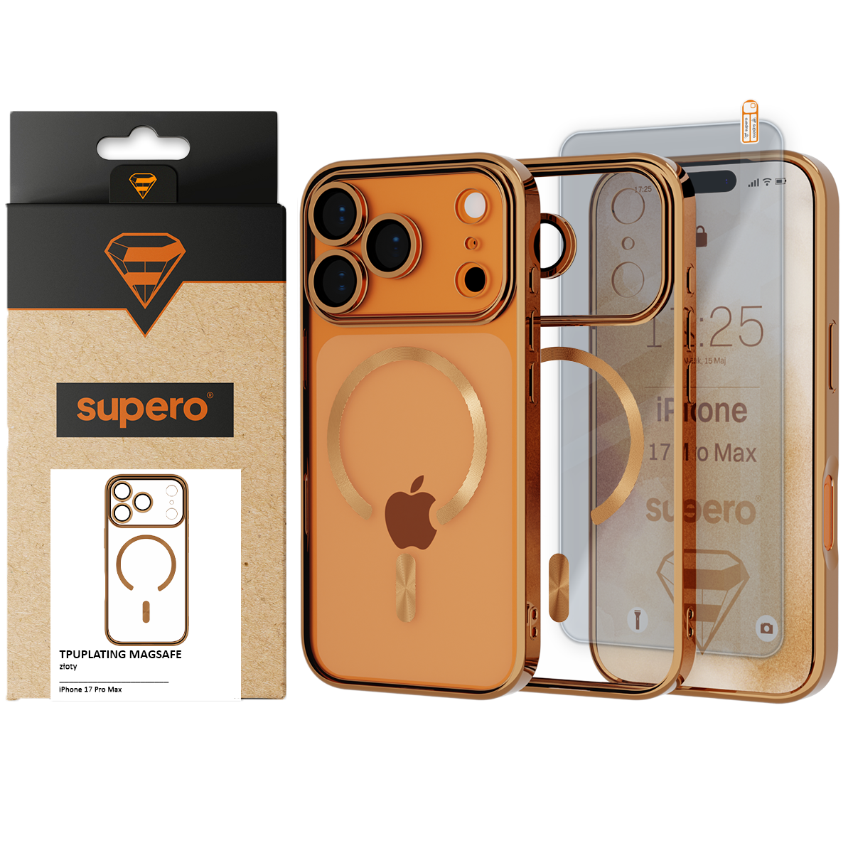 Obraz przedstawia złote etui do iPhone 17 Pro Max z funkcją MagSafe, z widocznym logo w kształcie jabłka. Obok znajduje się opakowanie z napisem \'supero\' oraz ilustracją etui.