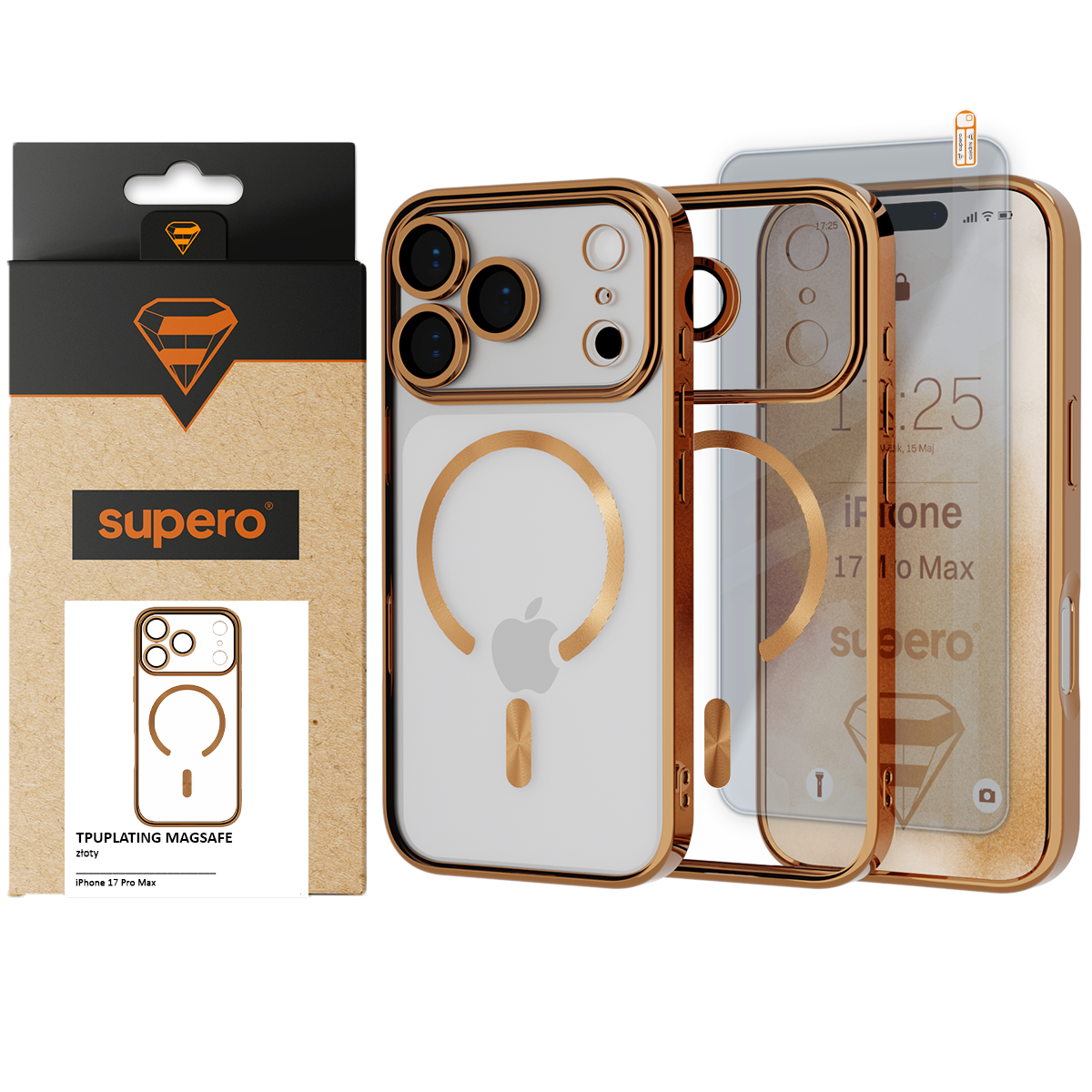Obraz przedstawia etui do iPhone 17 Pro Max w kolorze złotym z funkcją MagSafe, z widocznym logo supero na opakowaniu. Etui ma przezroczysty tył z okrągłym wzorem i wycięciami na aparat.