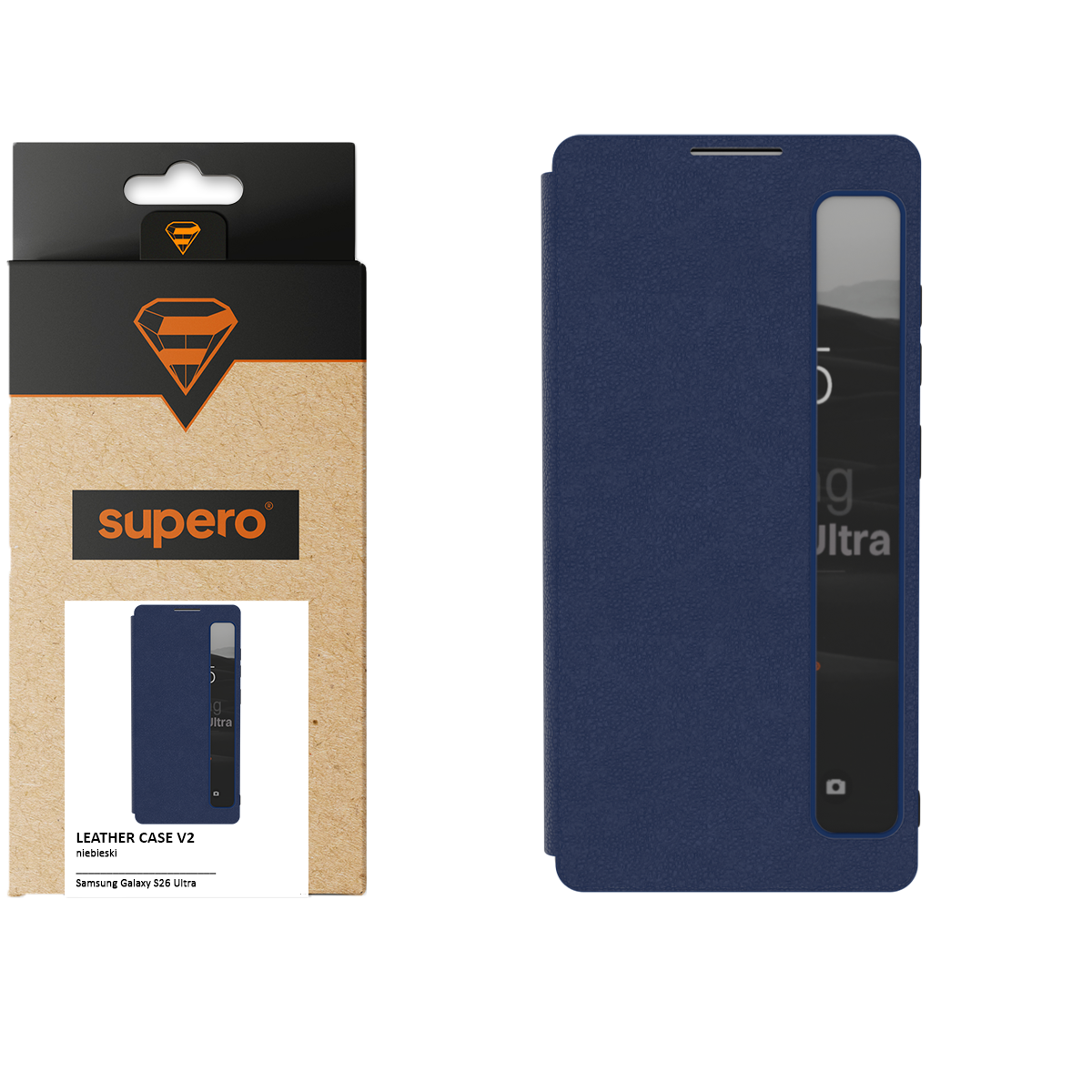 Na obrazie widoczne jest niebieskie etui z klapką Smart View do telefonu, obok znajduje się opakowanie z logo \'supero\'. Na opakowaniu napis: \'LEATHER CASE V2 niebieski Samsung Galaxy S26 Ultra\'.