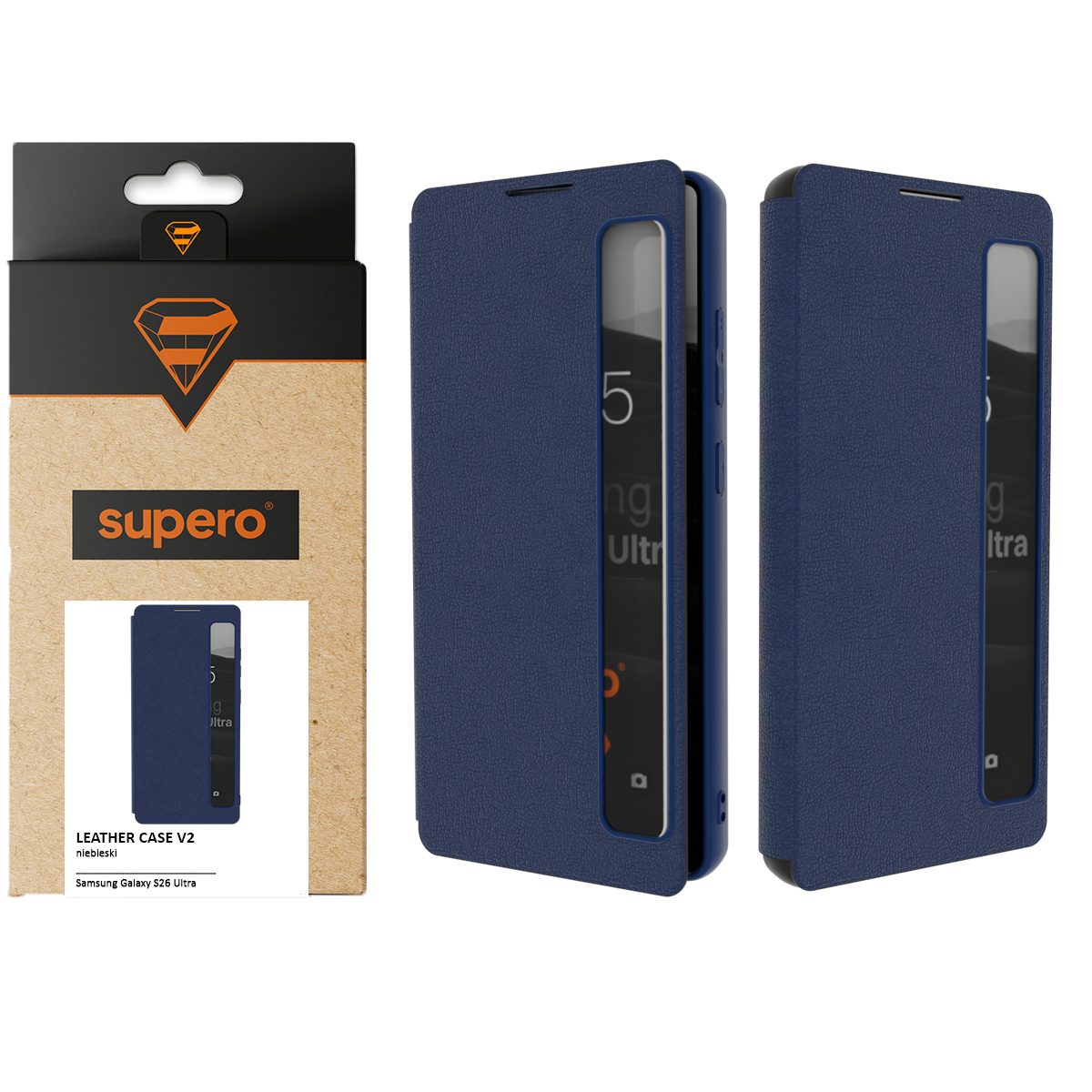 Na obrazie widoczne jest niebieskie etui z klapką Smart View do telefonu, zaprezentowane w dwóch ujęciach oraz w opakowaniu z logo \'supero\'. Opakowanie zawiera napis \'LEATHER CASE V2 niebieski Samsung Galaxy S26 Ultra\'.