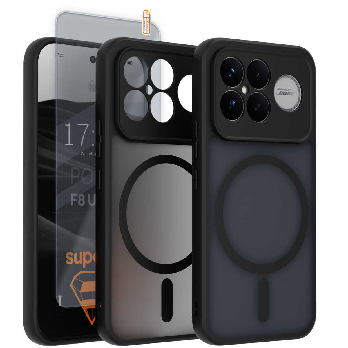 Obraz przedstawia trzy etui do telefonu Poco F8 Ultra, z matowym wykończeniem i okrągłym wzorem na tylnej części, oraz szkło ochronne. Na jednym z etui widoczne jest logo \'BOSE\'.