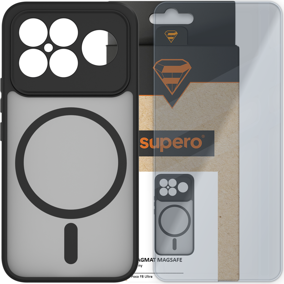 Obraz przedstawia czarne etui na telefon z okrągłym wzorem, obok znajduje się przezroczysta osłona. W tle widoczne jest opakowanie z logo \'supero\'.
