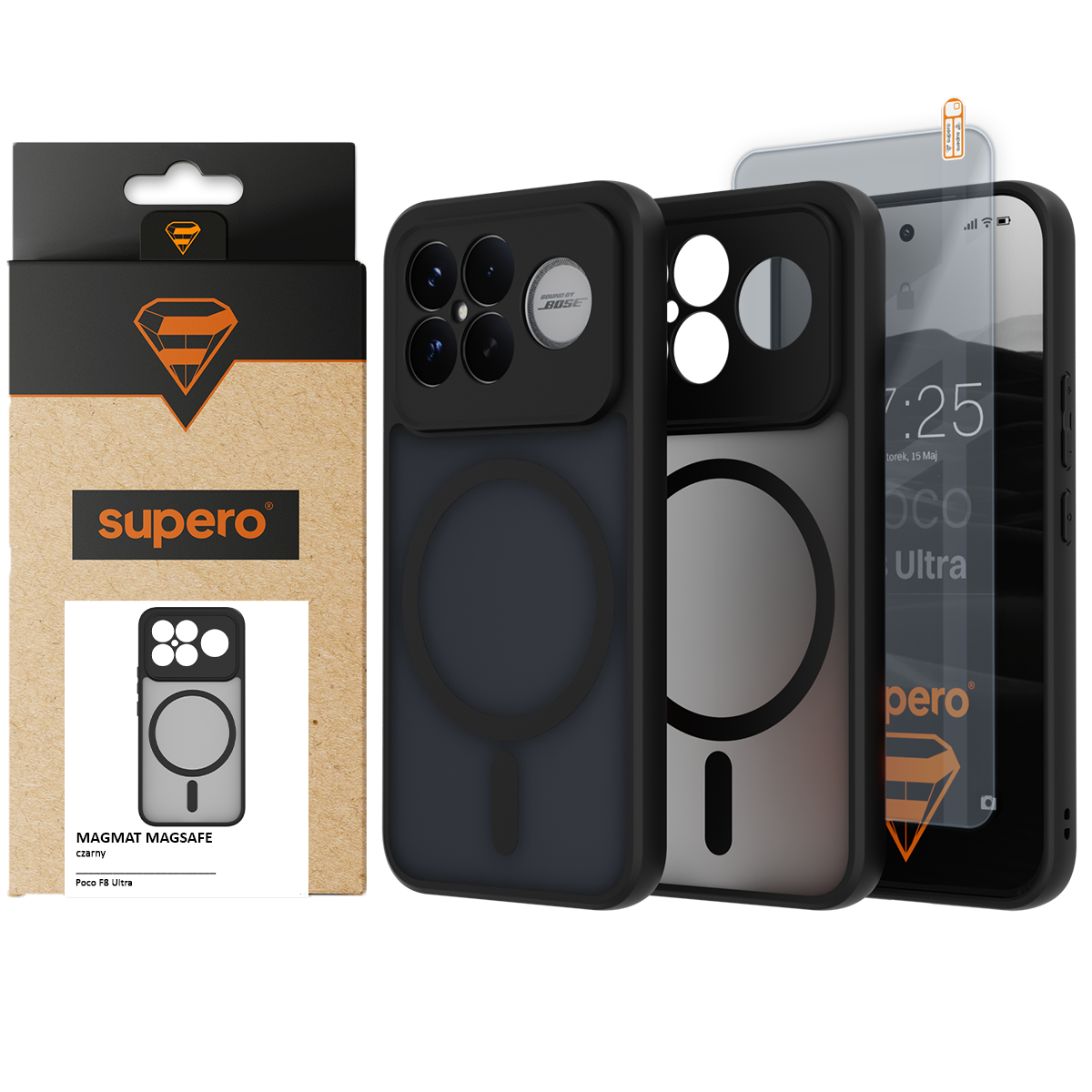 Na obrazie widoczne jest magnetyczne etui do telefonu z matowym wykończeniem oraz szkło ochronne. Opakowanie produktu ma logo \'supero\' i napis \'MAGMAT MAGSAFE\'.