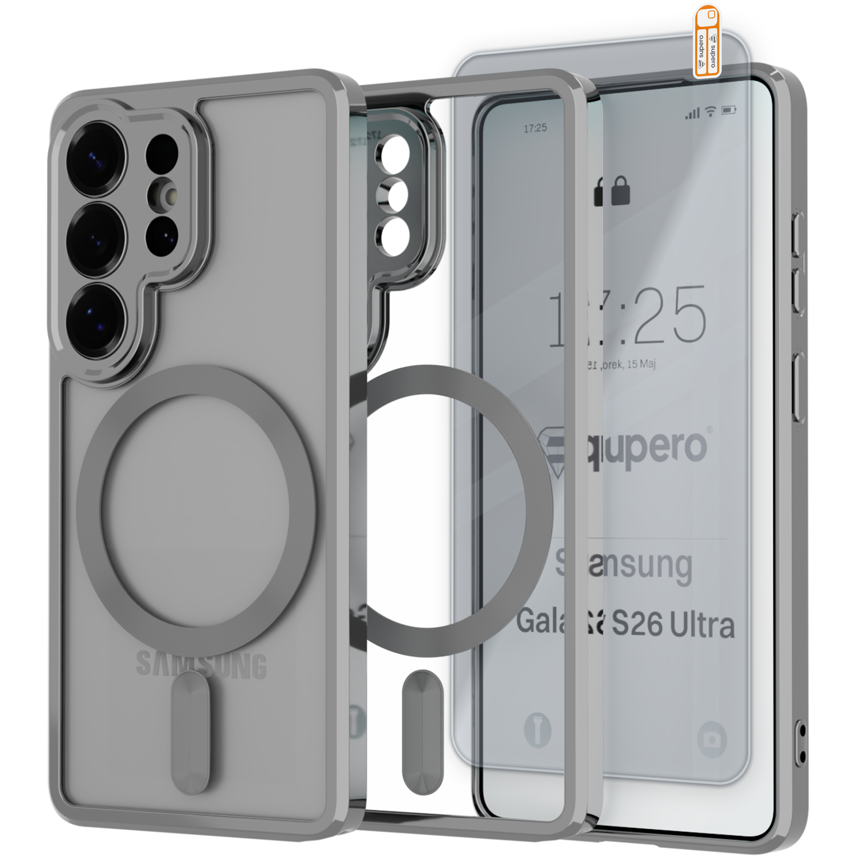 Obraz przedstawia przezroczyste etui do telefonu Samsung Galaxy S26 Ultra z magnetycznym uchwytem i szkłem ochronnym. Na ekranie telefonu widoczny jest tekst: \'17:25, Wtorek, 15 Maj, Samsung Galaxy S26 Ultra\'.