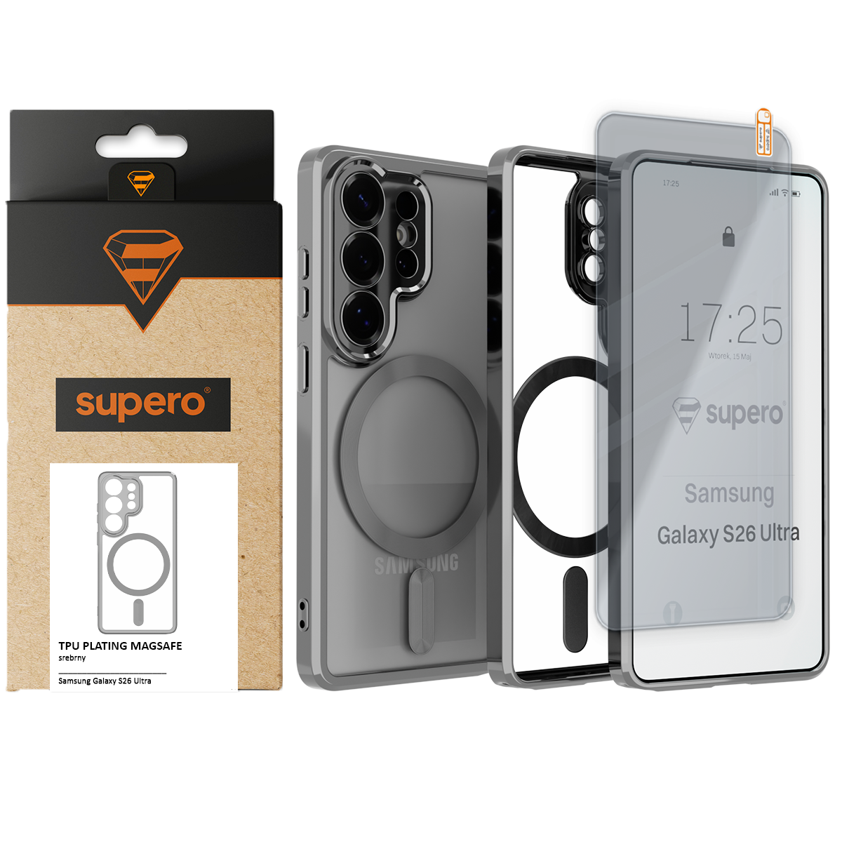 Obraz przedstawia przezroczyste etui magnetyczne do Samsung Galaxy S26 Ultra z widocznym pierścieniem MagSafe. Obok znajduje się opakowanie z logo \'supero\' i napisem \'TPU PLATING MAGSAFE srebrny\'.