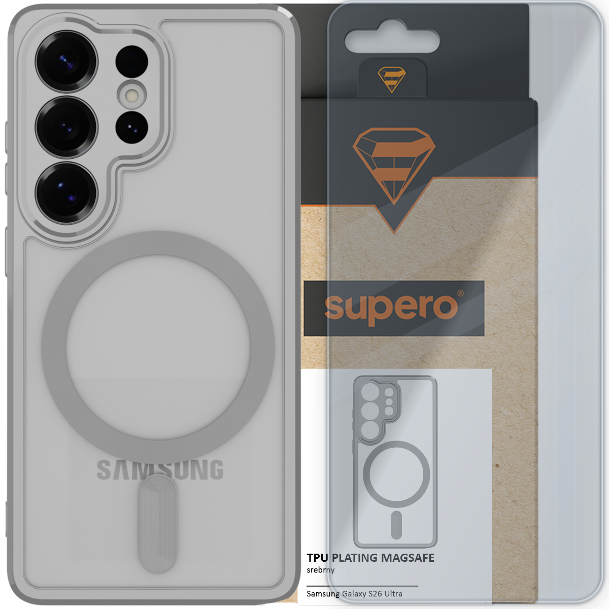 Obraz przedstawia przezroczyste etui do telefonu z widocznym okrągłym elementem magnetycznym oraz opakowanie z logo \'supero\'. Na opakowaniu znajduje się tekst: \'TPU PLATING MAGSAFE srebrny Samsung Galaxy S26 Ultra\'.