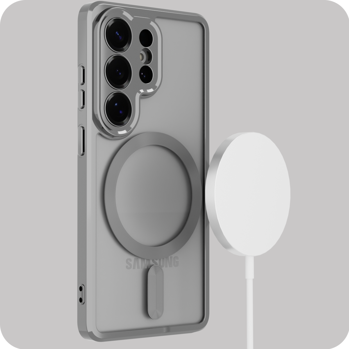 Obraz przedstawia przezroczyste etui na telefon z widocznym napisem \'SAMSUNG\' oraz okrągłym elementem magnetycznym. Obok znajduje się biały, okrągły dysk z kablem.