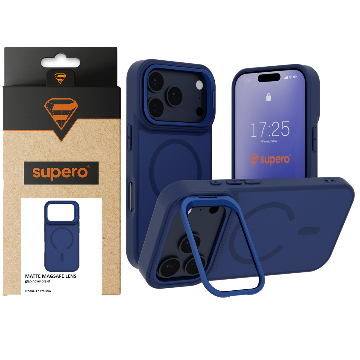Na obrazie widoczne jest etui w kolorze granatowym z funkcją MagSafe i podstawką, przeznaczone do iPhone 17 Pro Max. Obok znajduje się opakowanie z logo \'supero\' i napisem \'MATTE MAGSAFE LENS\'.