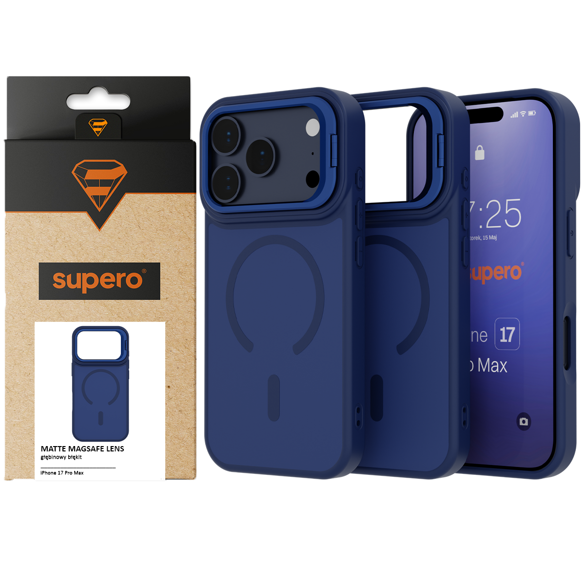 Na obrazie widoczne jest niebieskie etui na telefon z trzema dużymi otworami na aparat oraz opakowanie z logo \'supero\'. Na opakowaniu znajduje się napis \'MATTE MAGSAFE LENS głęboki błękit iPhone 17 Pro Max\'.