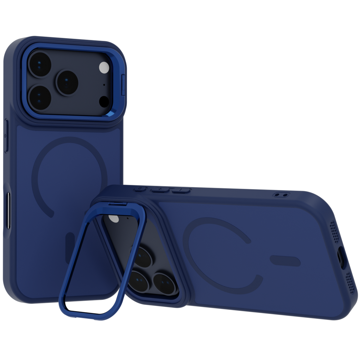 Na obrazie widoczne jest niebieskie etui na telefon z trzema dużymi otworami na aparaty oraz wbudowaną podstawką. Etui posiada okrągły wzór sugerujący kompatybilność z MagSafe.
