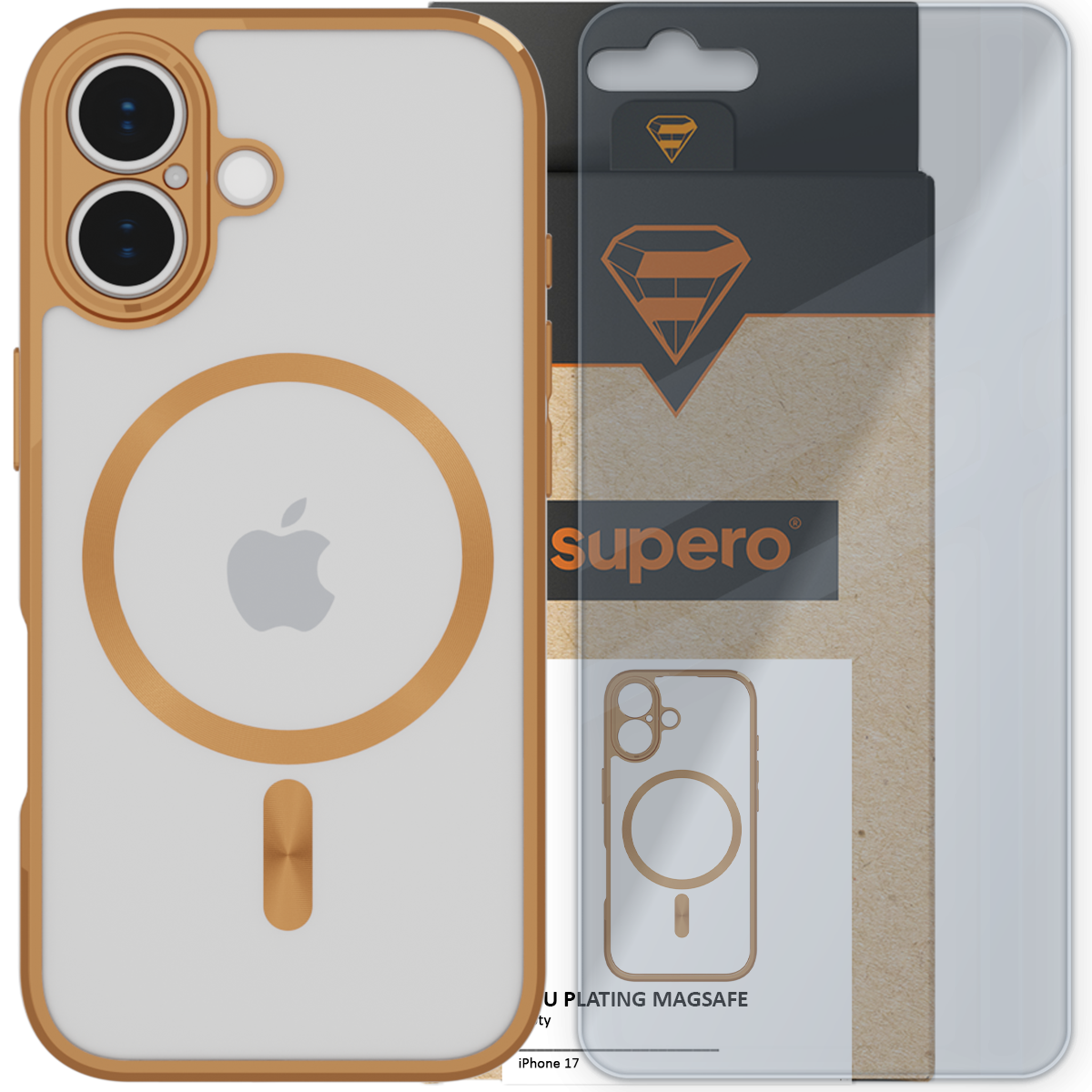 Etui do iPhone 17 w kolorze złotym z okrągłym wzorem MagSafe i logo jabłka. W tle opakowanie z logo \'supero\'.