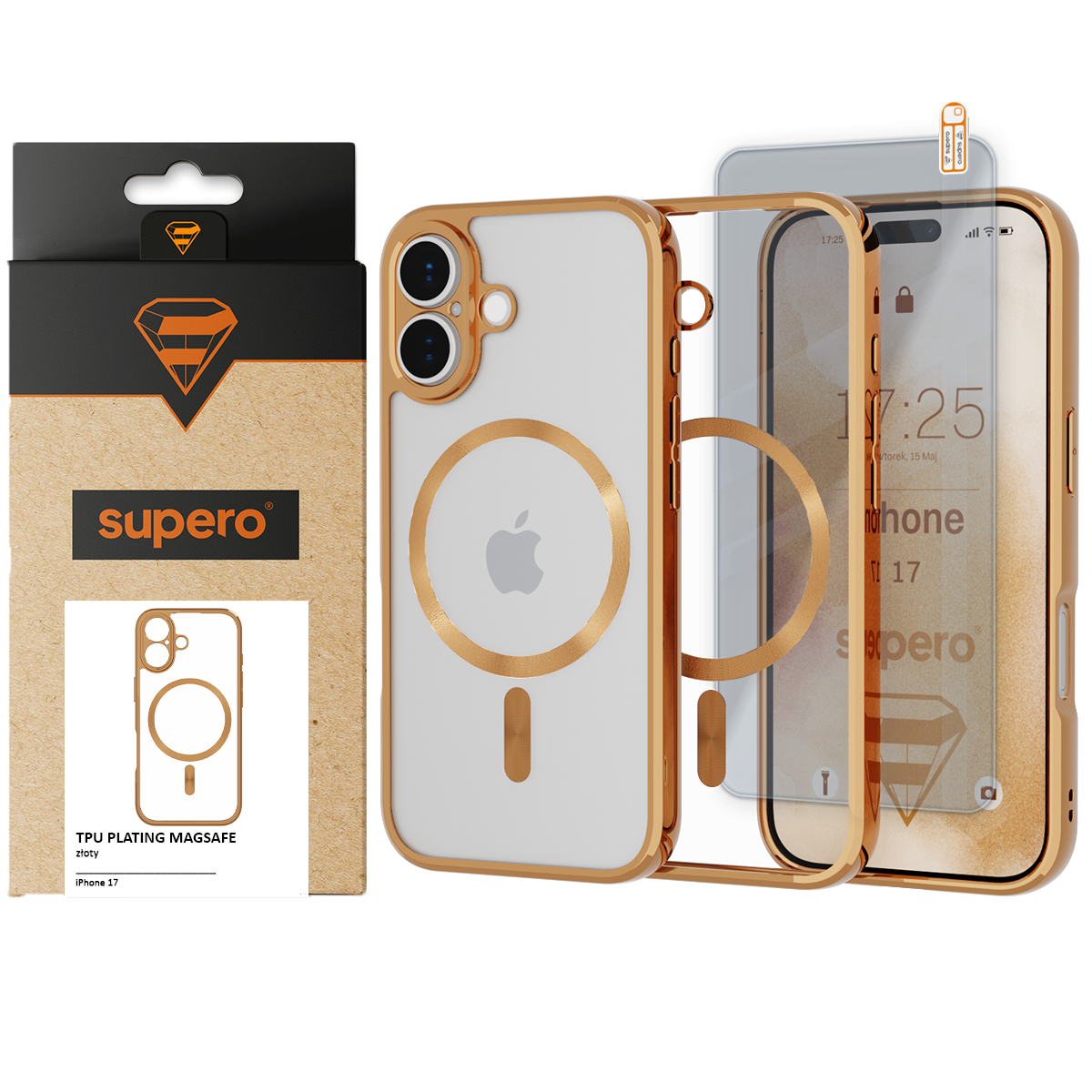Na obrazie widoczne jest etui do iPhone 17 w kolorze złotym z funkcją MagSafe oraz opakowanie z logo \'supero\'. Etui ma przezroczystą tylną część z okrągłym wzorem i jest pokazane z dołączonym szkłem ochronnym.