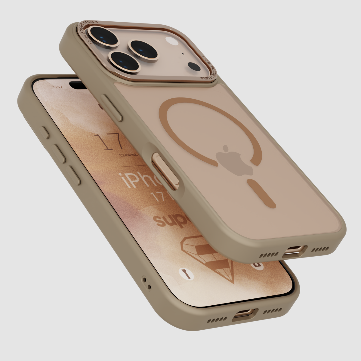 Etui Supero do iPhone 17 Pro Max w kolorze matowym, z widocznym logo w kształcie okręgu i jabłka na tylnej części, leży na telefonie z wyświetlaczem pokazującym tekst \'iPhone 17\' oraz \'supero\'.