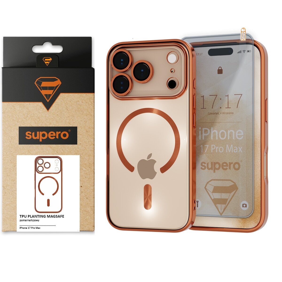 Na zdjęciu znajduje się etui ochronne do iPhone 17 Pro Max w kolorze pomarańczowym, z widocznym logo w kształcie jabłka oraz opakowanie z napisem \'supero\'.