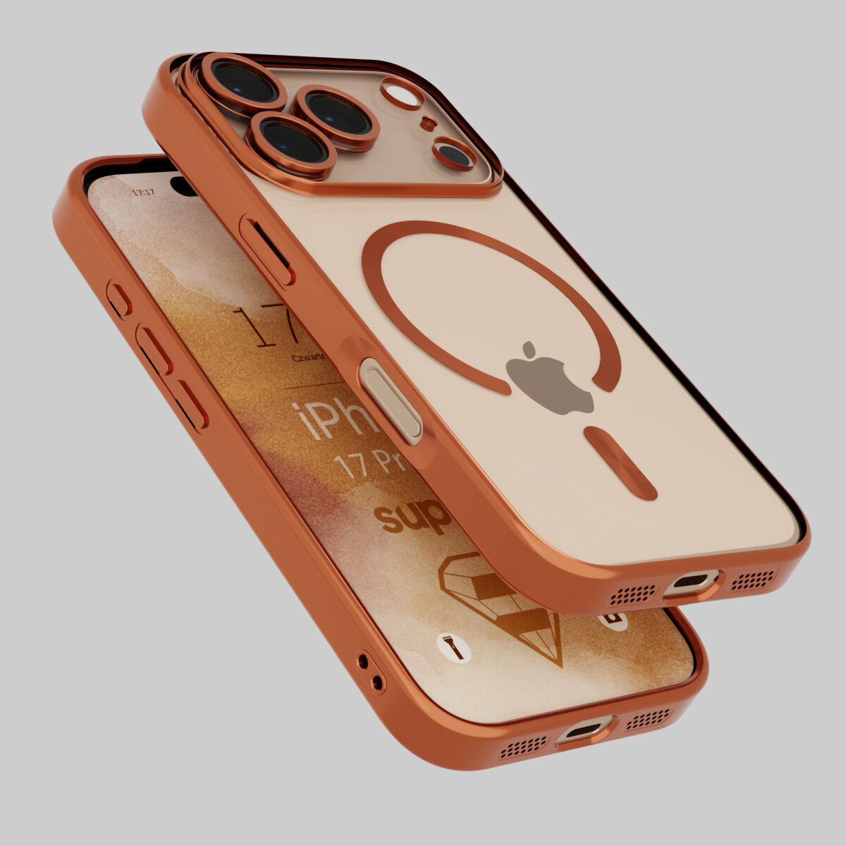 Dwa etui ochronne do iPhone 17 Pro Max w kolorze miedzianym, z widocznym logo w kształcie jabłka oraz tekstem \'iPhone 17 Pro\' na ekranie telefonu. Etui posiadają wycięcia na przyciski i porty oraz wzór kompatybilny z MagSafe.