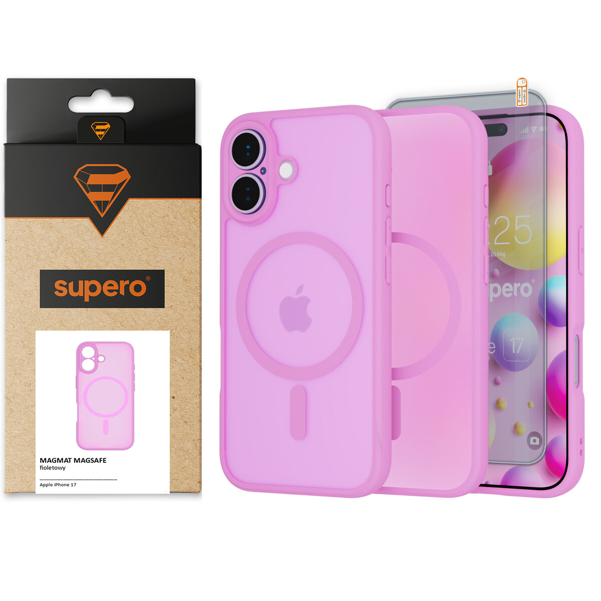 Na obrazie widoczne jest lawendowe etui do iPhone 17 z funkcją MagSafe oraz szkło ochronne. Obok znajduje się opakowanie z logo \'supero\' i napisem \'MAGMAT MAGSAFE fioletowy Apple iPhone 17\'.