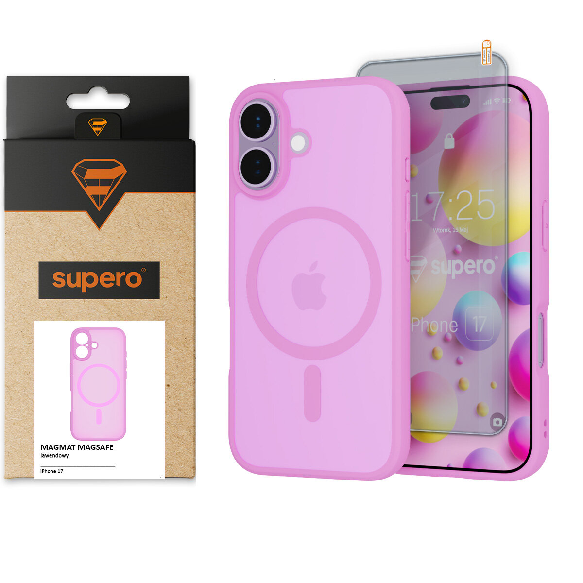 Na obrazie widoczne jest lawendowe etui do iPhone 17 z funkcją MagSafe oraz szkło ochronne. Opakowanie produktu ma logo \'supero\' i napis \'MAGMAT MAGSAFE lawendowy\'.