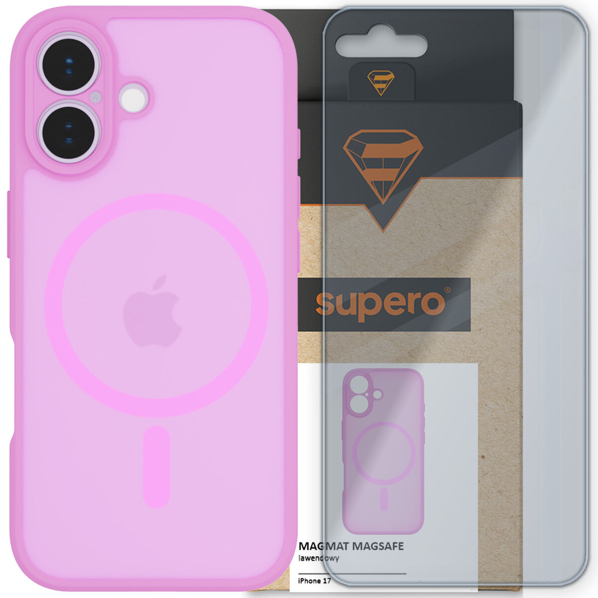 Na obrazie widoczne jest lawendowe etui na telefon z dwoma otworami na aparat oraz logo w kształcie jabłka. Obok znajduje się opakowanie z logo \'Supero\' oraz przezroczyste szkło ochronne.