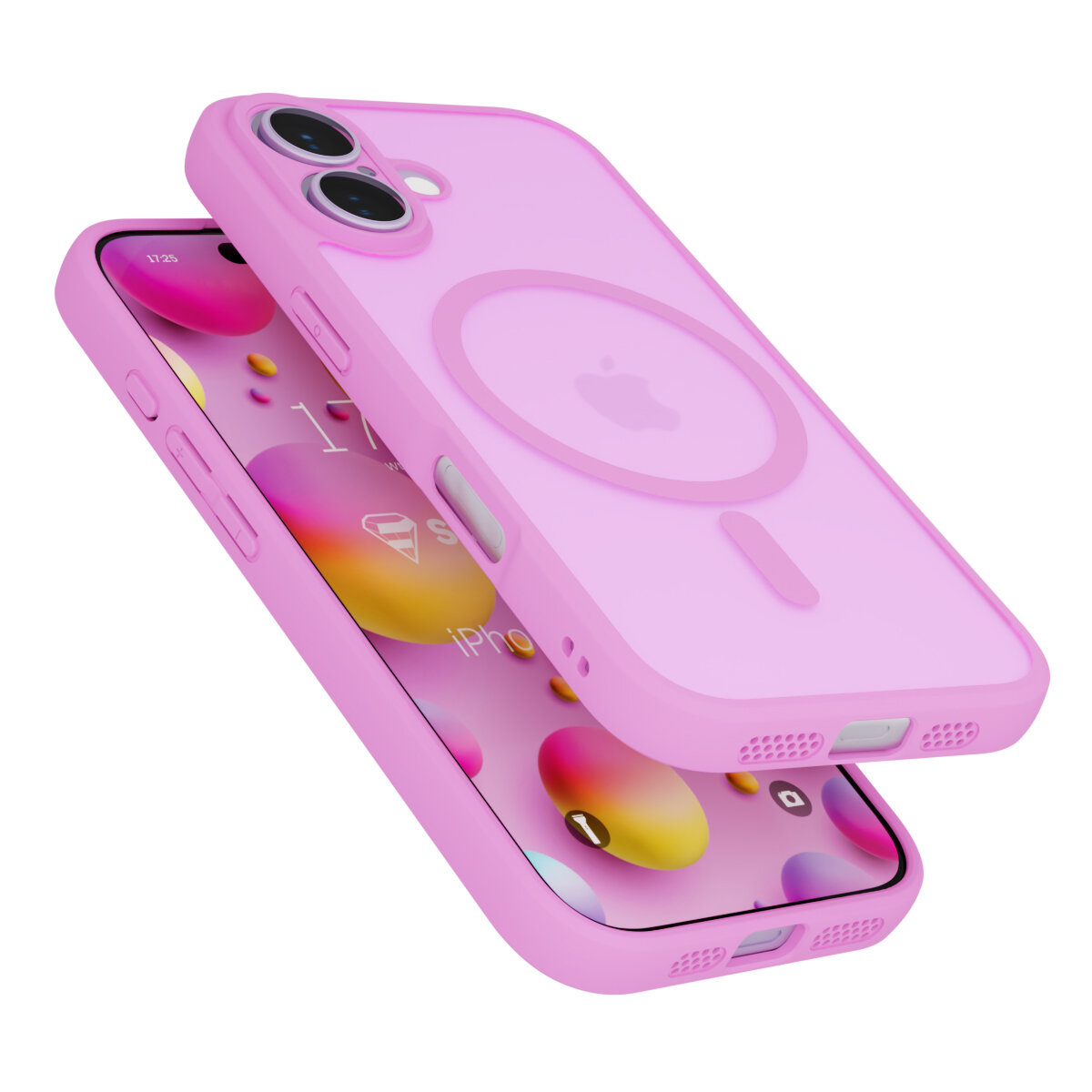 Lawendowe etui na telefon z widocznym logo w kształcie jabłka, przeznaczone do MagSafe. W tle ekran telefonu z kolorowymi ikonami i tekstem \'iPhone\'.