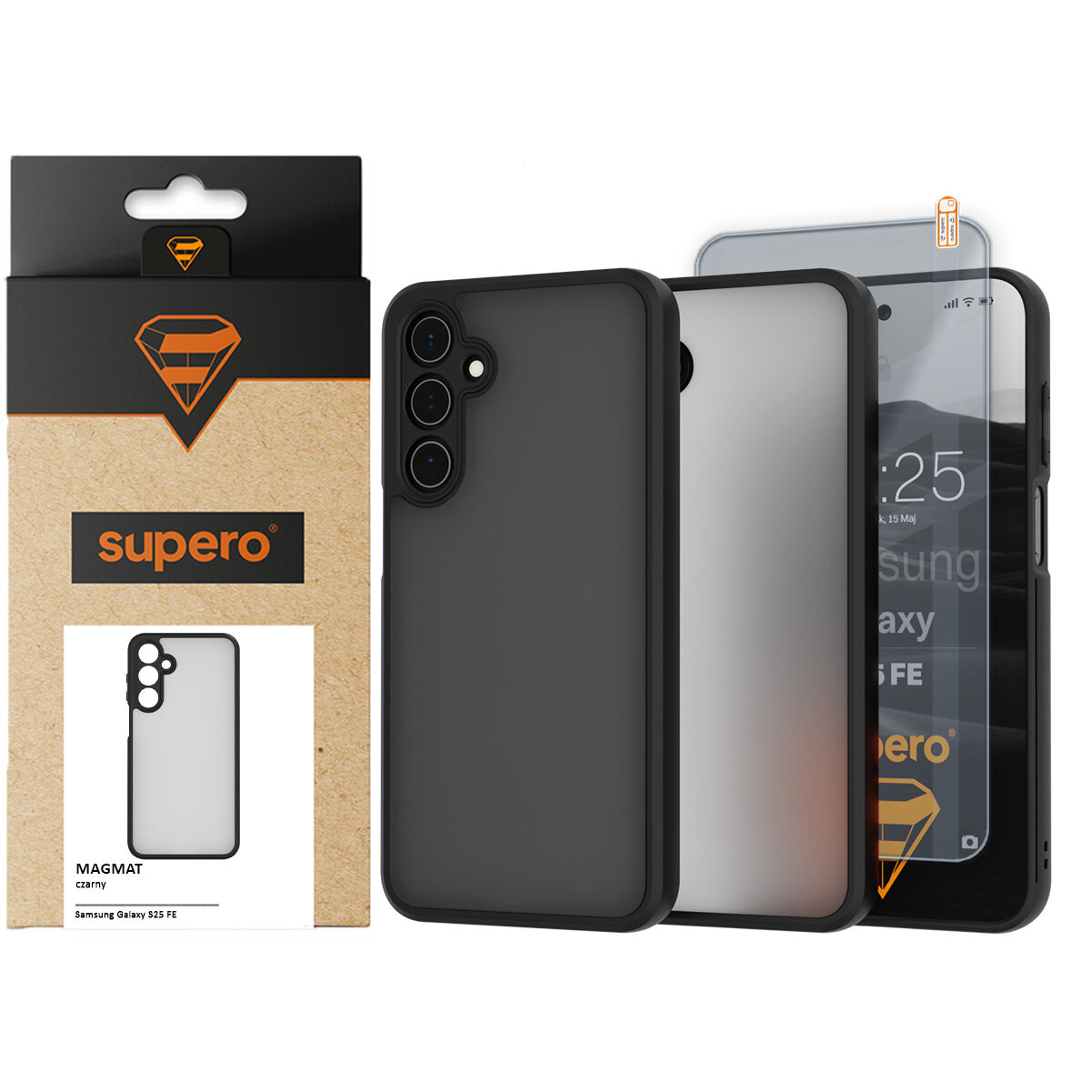 Na zdjęciu widoczne jest czarne etui Supero do Samsung Galaxy S25 FE oraz opakowanie z logo Supero i napisem \'MAGMAT czarny\'.