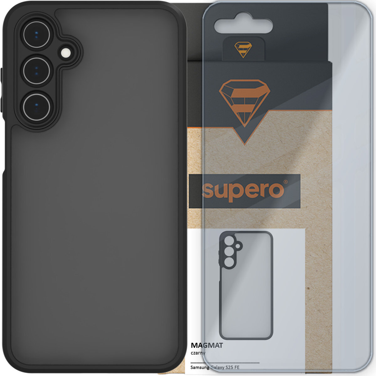 Obraz przedstawia czarne, matowe etui na telefon z trzema otworami na aparaty. W tle widoczna jest przezroczysta osłona z logo \'supero\'.
