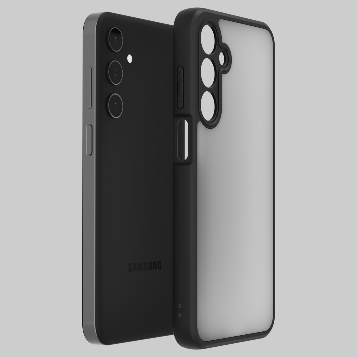 Dwa etui na telefon, jedno z matowym wykończeniem i drugie z przezroczystym tyłem, oba w kolorze czarnym. Na jednym z etui widoczny jest napis \'SAMSUNG\'.