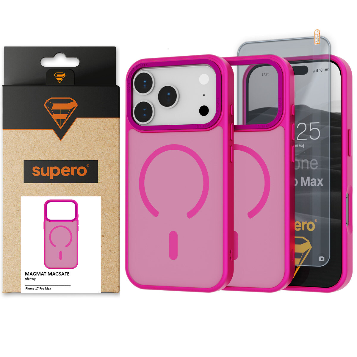 Na zdjęciu znajduje się różowe etui na telefon z przezroczystym szkłem, obok którego widoczne jest opakowanie z logo \'supero\'. Na opakowaniu znajduje się napis \'MAGMAT MAGSAFE różowy iPhone 17 Pro Max\'.