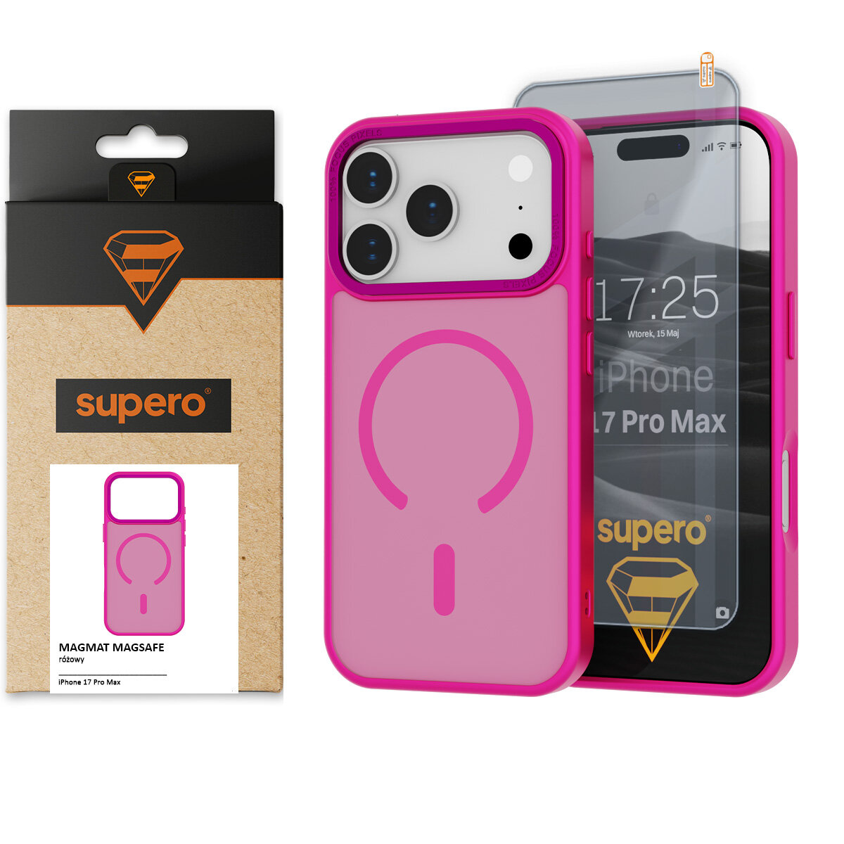 Obraz przedstawia różowe etui na telefon z trzema dużymi otworami na aparaty oraz szkło ochronne z napisem \'supero\'. Obok znajduje się opakowanie z logo \'supero\' i napisem \'MAGMAT MAGSAFE różowy iPhone 17 Pro Max\'.