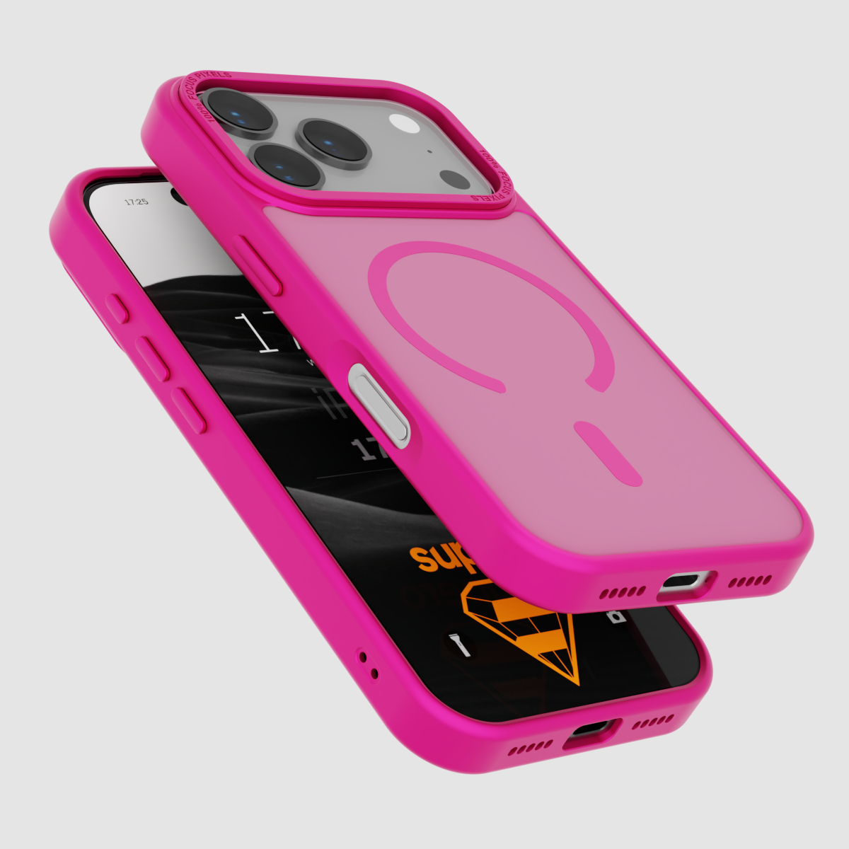 Różowe etui na telefon z widocznym symbolem na tylnej części, przeznaczone do iPhone 17 Pro. Na ekranie telefonu widoczny jest napis \'supero\' oraz pomarańczowy symbol diamentu.