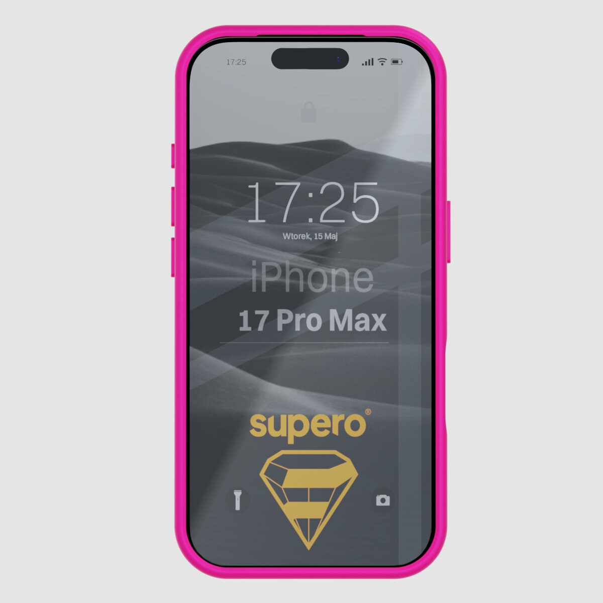 Etui Supero do iPhone 17 Pro Max z matową obudową i szkłem, z widocznym logo \'supero\' oraz grafiką diamentu na ekranie telefonu.