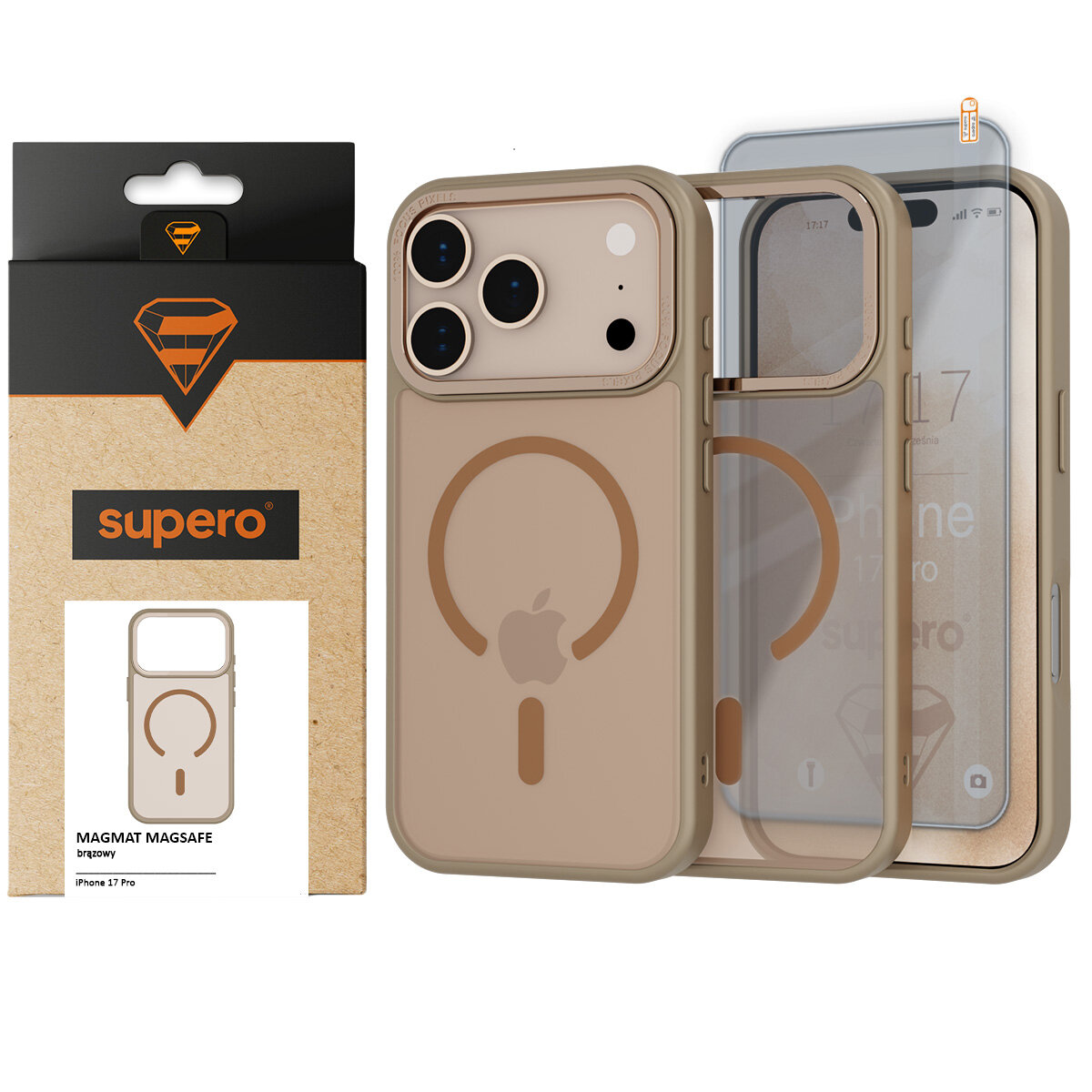 Obraz przedstawia brązowe etui Supero do iPhone 17 Pro z matowym wykończeniem i wzorem MagSafe. Obok znajduje się opakowanie z logo Supero i napisem \'MAGMAT MAGSAFE brązowy iPhone 17 Pro\'.