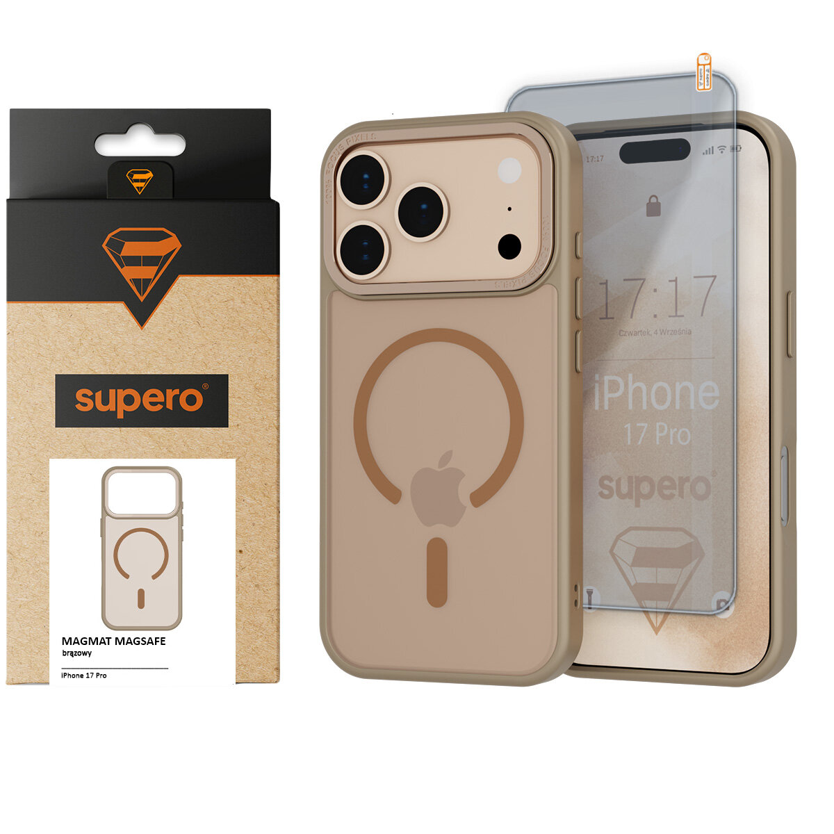 Na obrazie widoczne jest brązowe etui Supero do iPhone 17 Pro z logo w kształcie jabłka oraz opakowanie z napisem \'MAGMAT MAGSAFE brązowy\'.