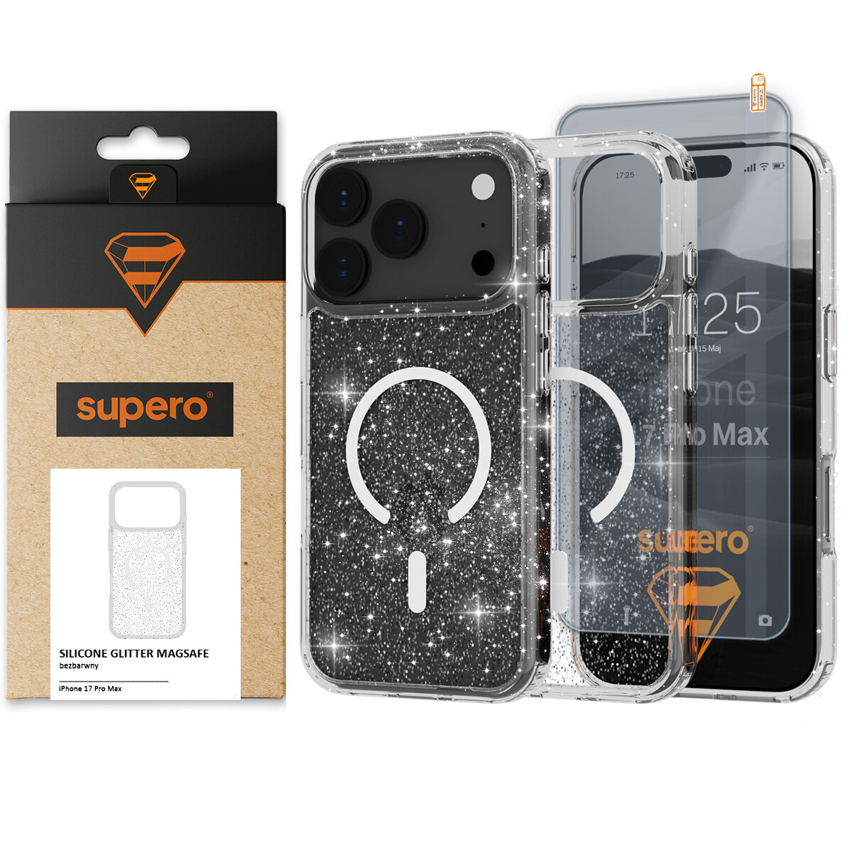 Na obrazie widoczne jest brokatowe etui do iPhone 17 Pro Max z funkcją MagSafe, obok którego znajduje się opakowanie z logo \'supero\'. Etui jest przezroczyste z brokatowym tyłem i białym symbolem MagSafe.