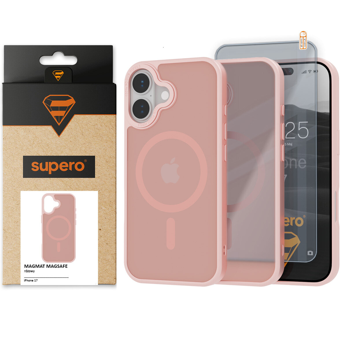 Obraz przedstawia różowe etui na telefon z logo jabłka, przeznaczone do iPhone 17, oraz opakowanie z napisem \'supero\'. Obok etui znajduje się szkło ochronne na ekran.