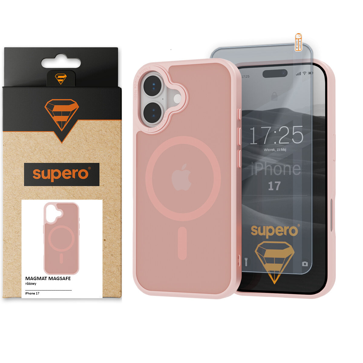 Obraz przedstawia różowe etui na telefon z logo jabłka, obok znajduje się opakowanie z napisem \'supero\'. Na ekranie telefonu widoczny jest napis \'iPhone 17\' oraz godzina 17:25.