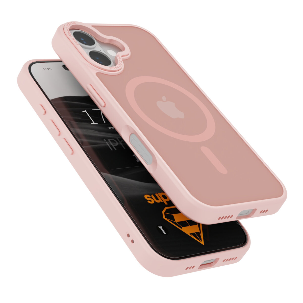 Różowe etui na telefon z widocznym logo jabłka, przeznaczone do MagSafe. Na ekranie telefonu widoczny jest napis \'supero\'.