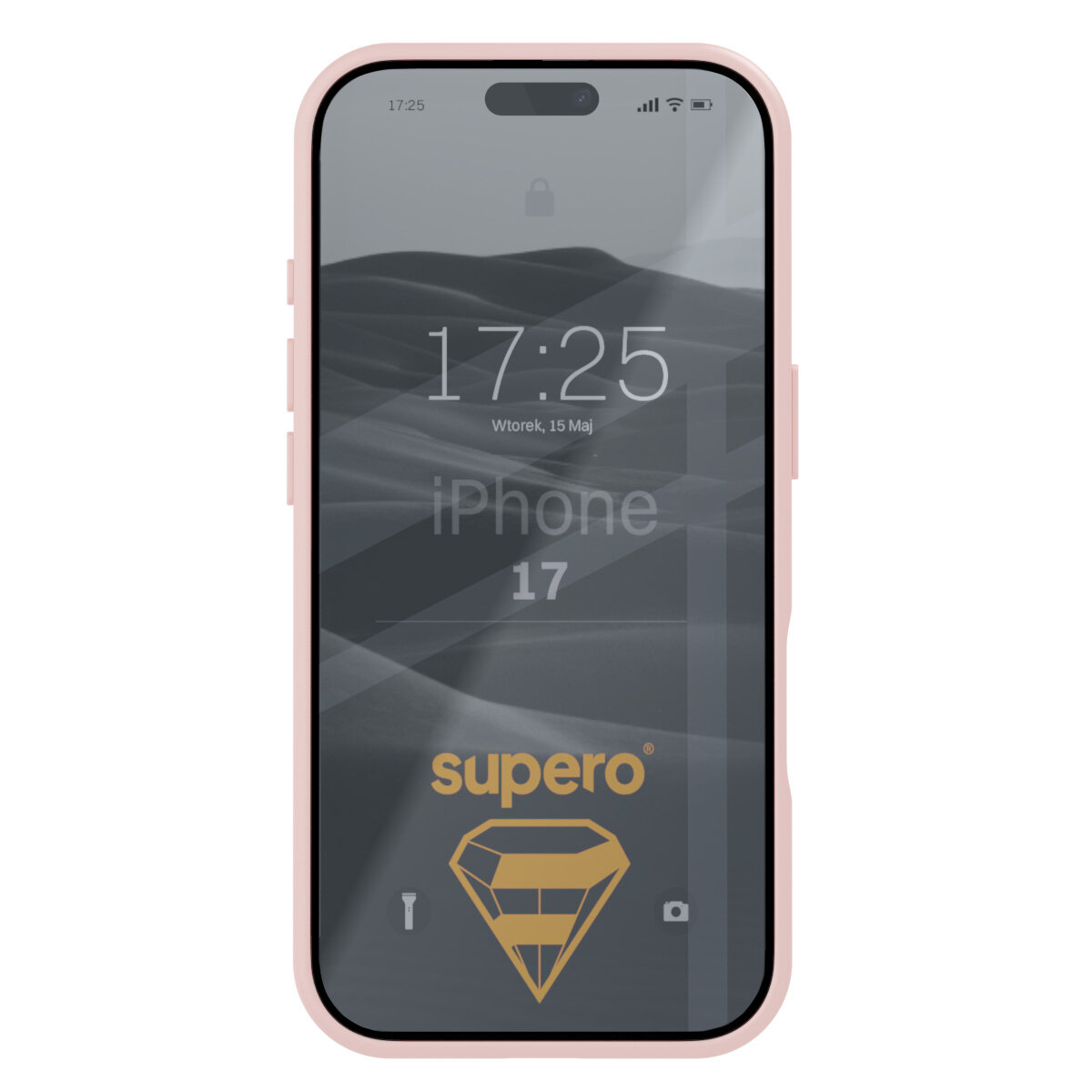 Etui Supero do iPhone 17 z matową obudową do MagSafe, wzmacniany case z widocznym szkłem. Na ekranie telefonu widoczny jest napis \'supero\' oraz ikona diamentu.