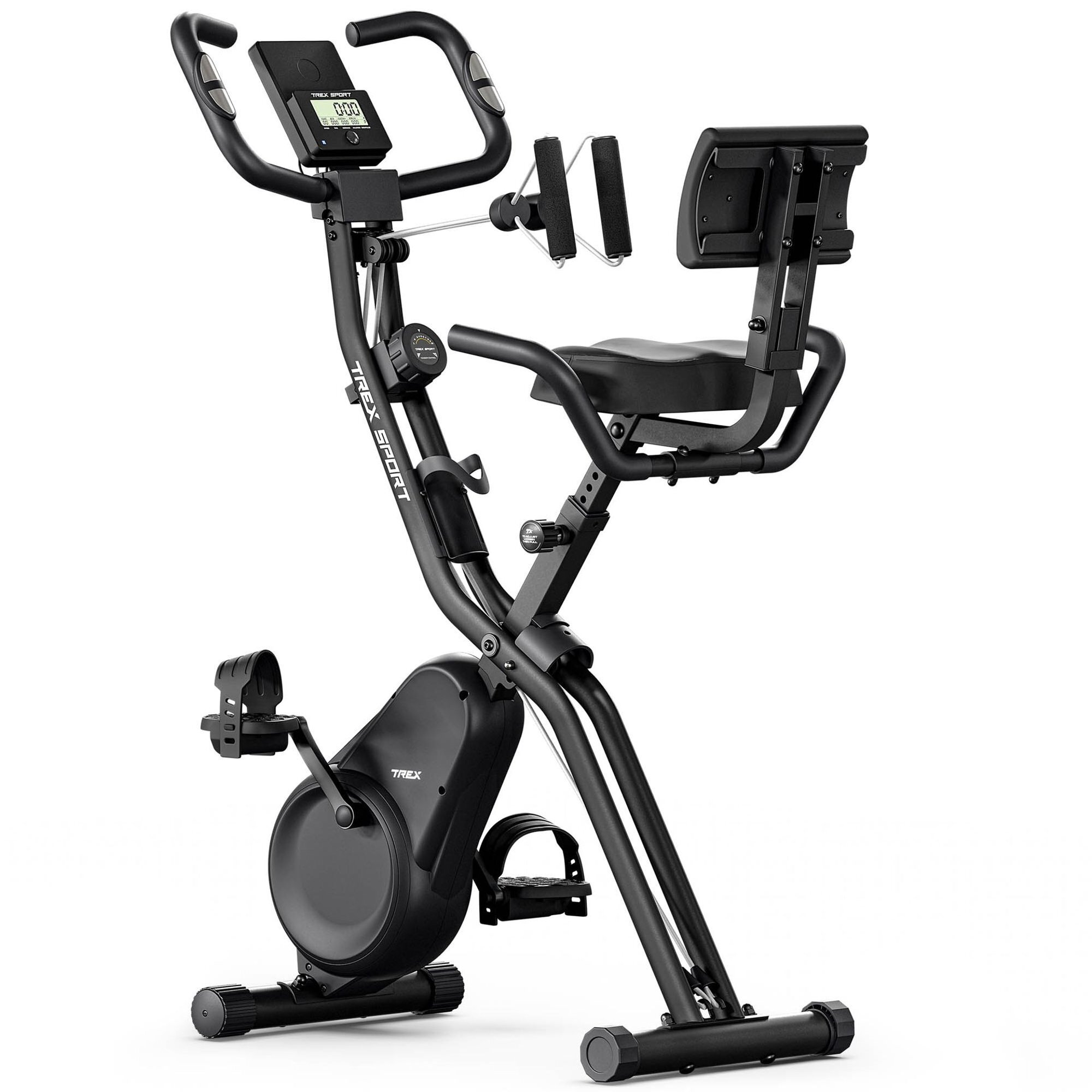 Czarny rower stacjonarny magnetyczny z wyświetlaczem cyfrowym i pedałami z paskami. Na ramie widoczny napis \'TREX SPORT\'.