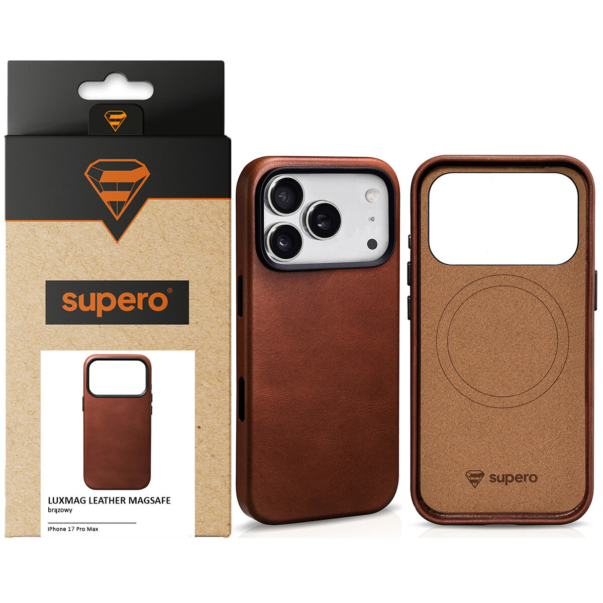 Brązowe skórzane etui Supero do iPhone 17 Pro Max z funkcją MagSafe, widoczne z przodu i z tyłu. Opakowanie z logo Supero i napisem \'LUXMAG LEATHER MAGSAFE\' oraz zdjęciem etui.