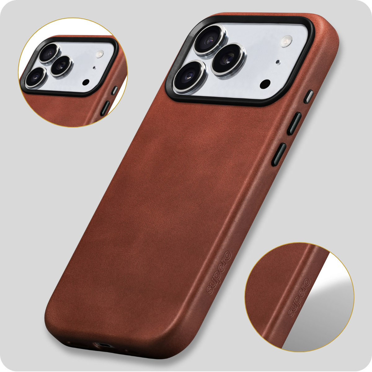 Brązowe skórzane etui na telefon z trzema widocznymi obiektywami aparatu i przyciskami bocznymi. Na etui widoczny jest napis \'supero\'.