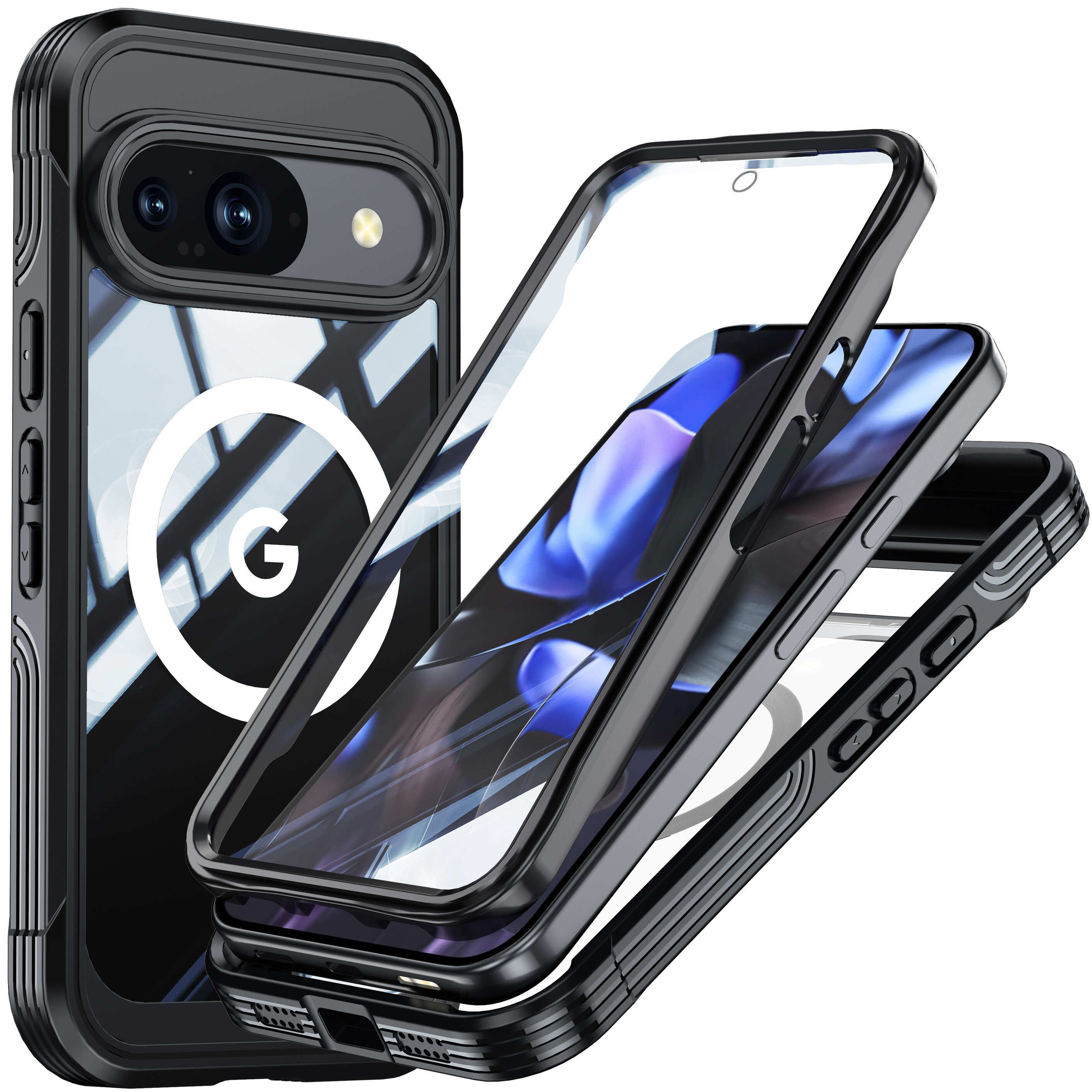 Obraz przedstawia etui pancerne 360° do telefonu, z przezroczystym przodem i tyłem oraz czarnymi wzmocnieniami na krawędziach. Na tylnej części widoczne jest logo \'G\'.