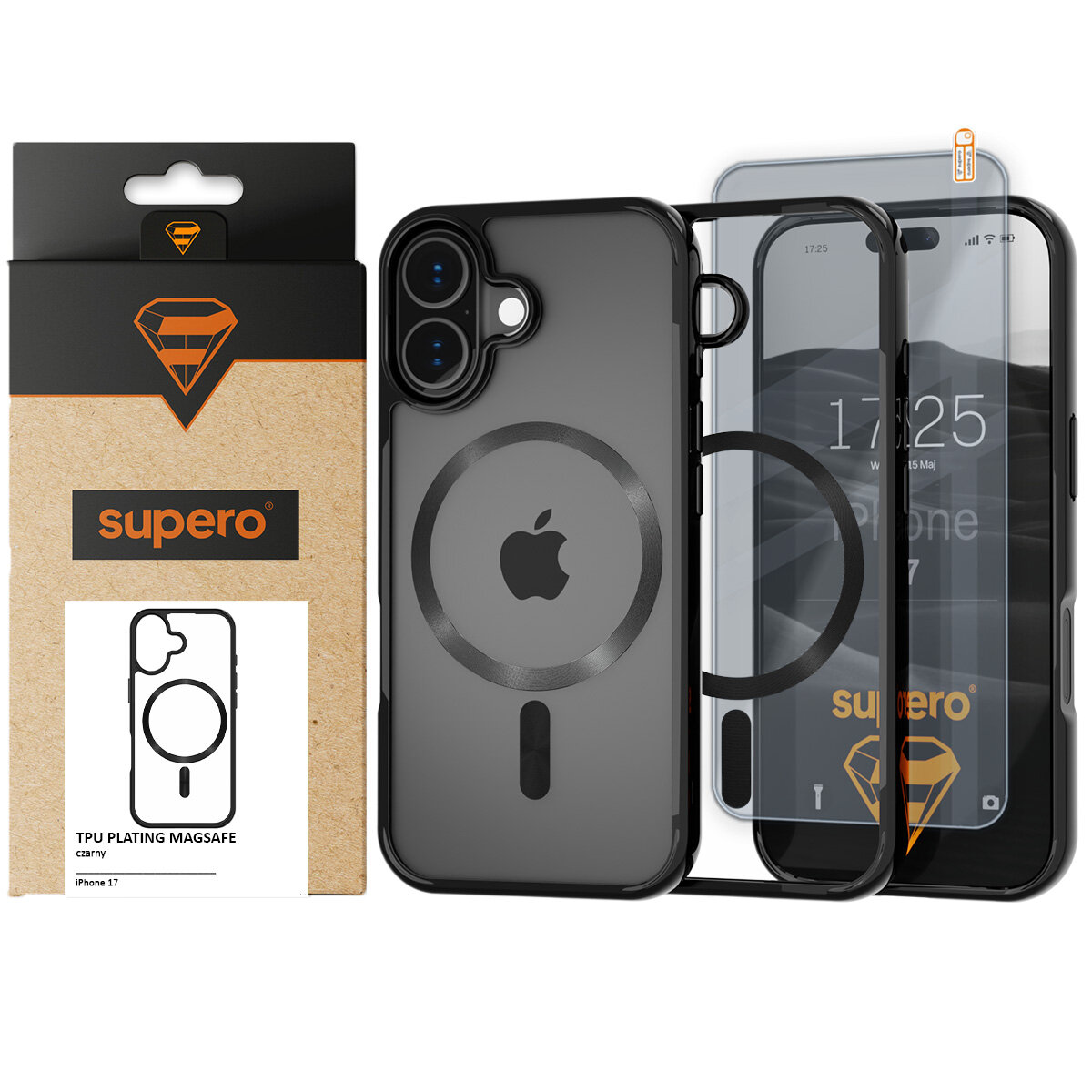 Na obrazie widoczne jest etui ochronne do iPhone 17 z logo jabłka oraz opakowanie z napisem \'supero\'. Etui posiada okrągły wzór sugerujący kompatybilność z MagSafe.