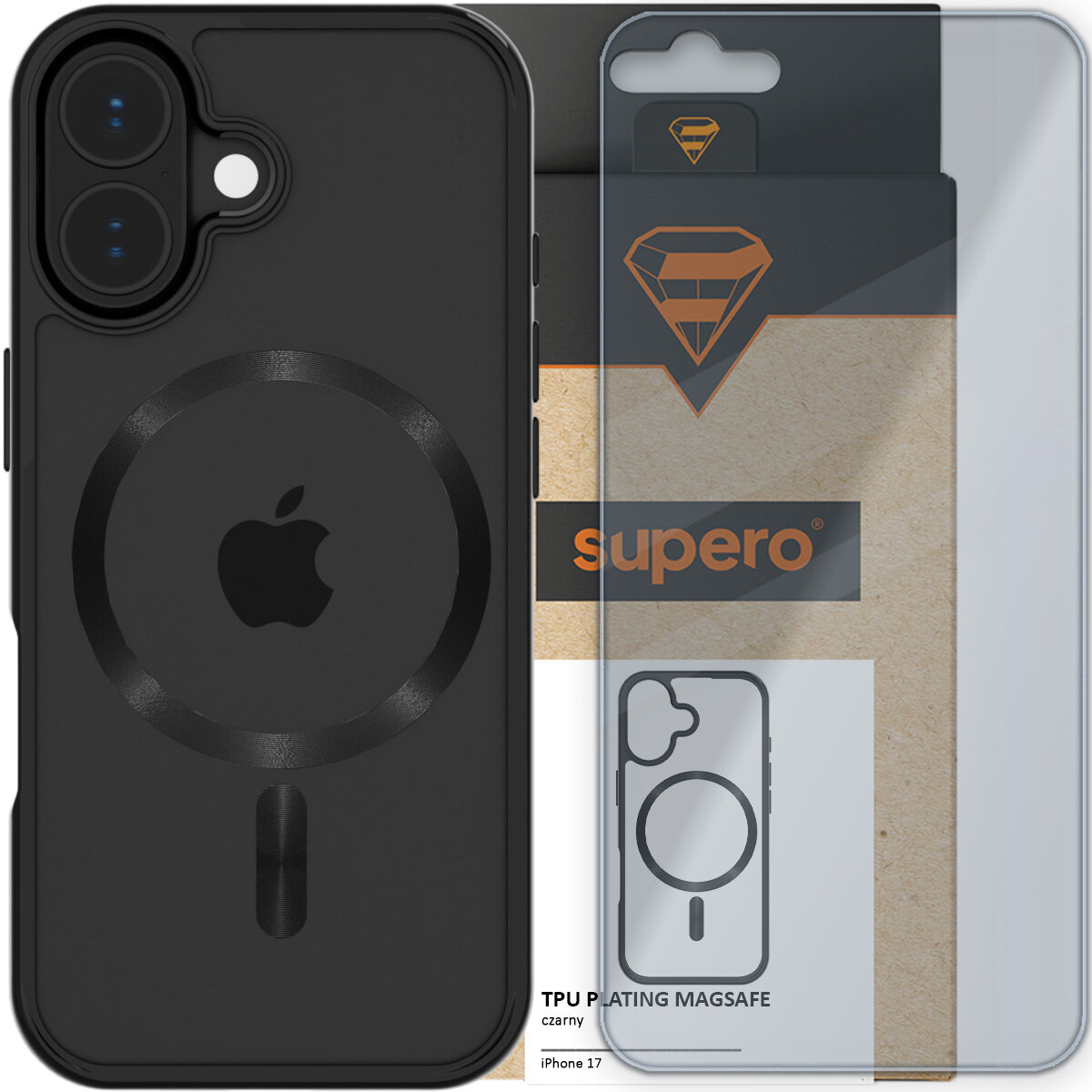 Czarne etui ochronne z logo jabłka i okrągłym wzorem, obok przezroczyste szkło ochronne. W tle opakowanie z napisem \'supero\' i grafiką etui na iPhone 17.