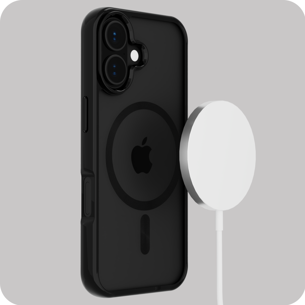 Czarne etui ochronne na telefon z widocznym logo w kształcie jabłka oraz okrągłym wzorem wskazującym na kompatybilność z MagSafe. Obok etui znajduje się biały, okrągły element ładowarki bezprzewodowej.